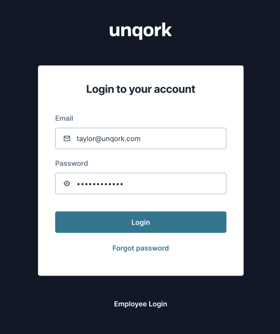 A static image of the login screen for Unqork environments.