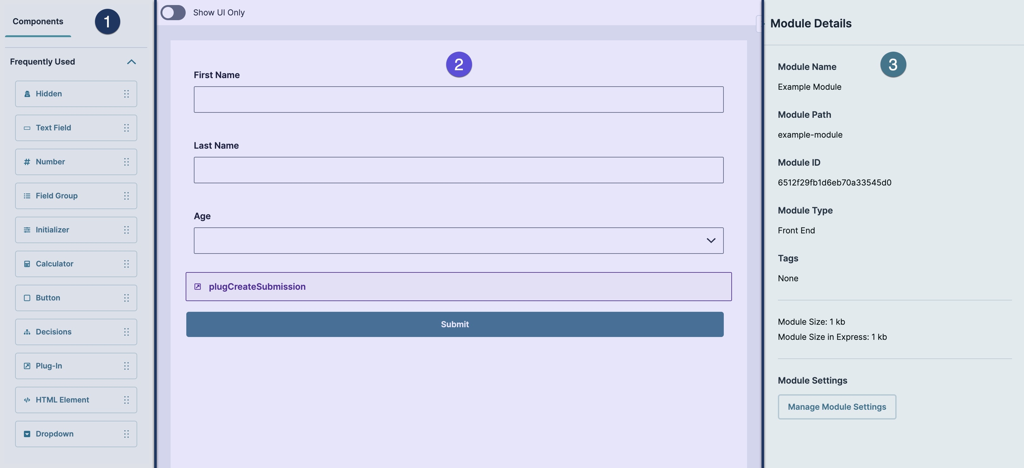 A static image displaying the component, canvas, and Module Details sections of the Module Builder.