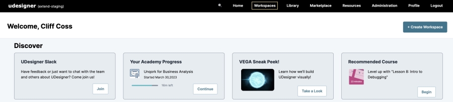 A static image displaying the Workspaces button at the top of your UDesigner homepage.