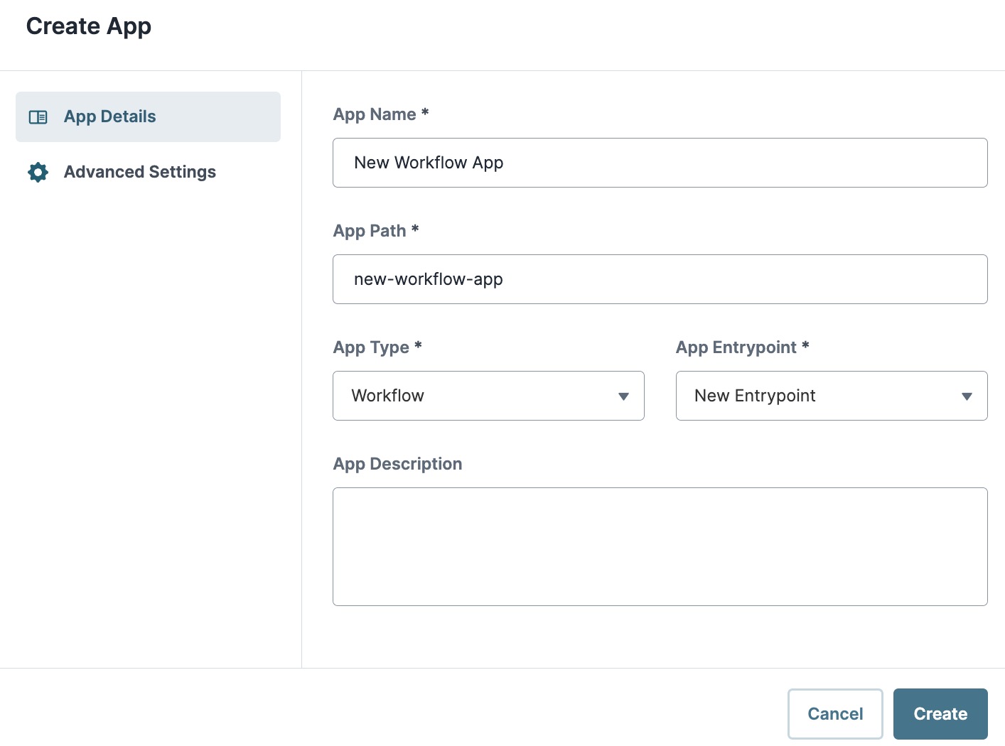 A static image displaying the app name, path, app type, app entrypoint, and description when creating an application.