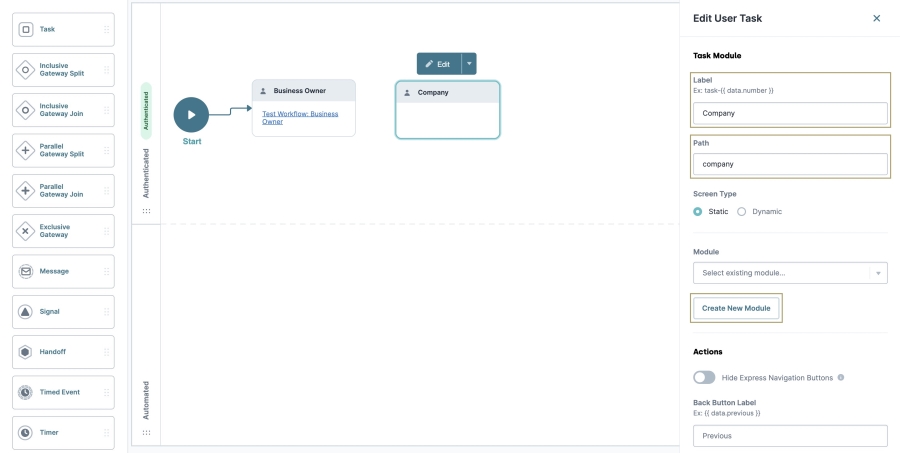 A static image displaying the Company Edit User Task panel, highlighting the Create New Module button.