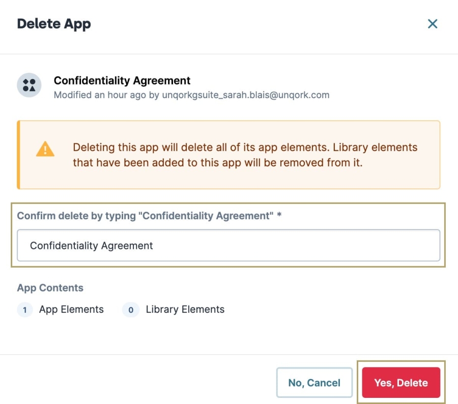 Static image of the Delete App modal. 