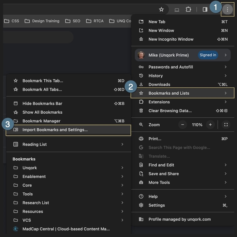 A static image displaying the three steps required to access the Import bookmarks setting.