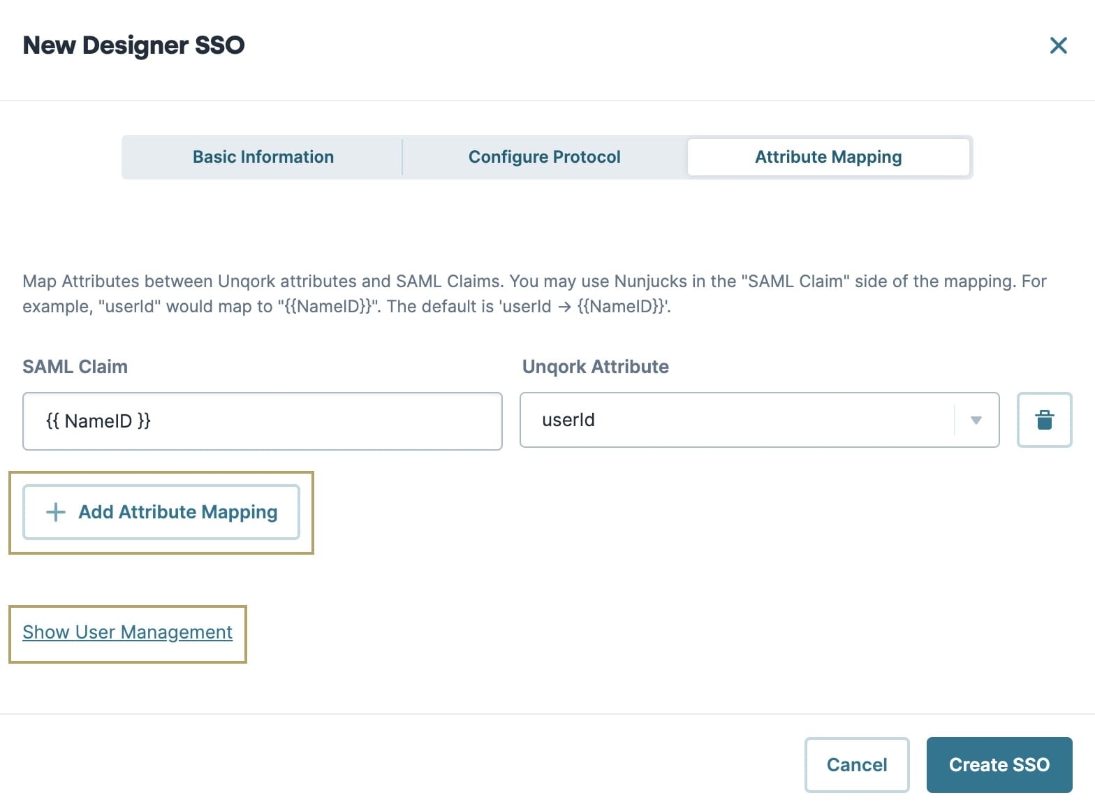 A static image showing attribute mapping configuration for New Designer SSO creation.
