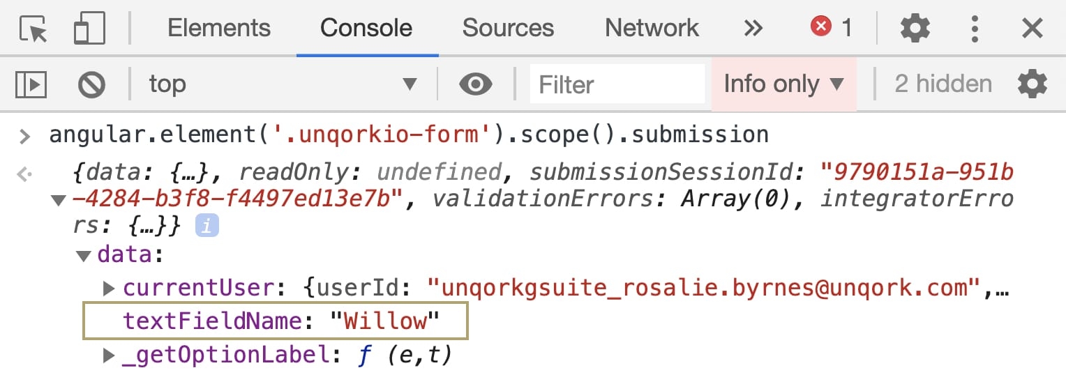 Image showing a string data type in the DevTools Console. 