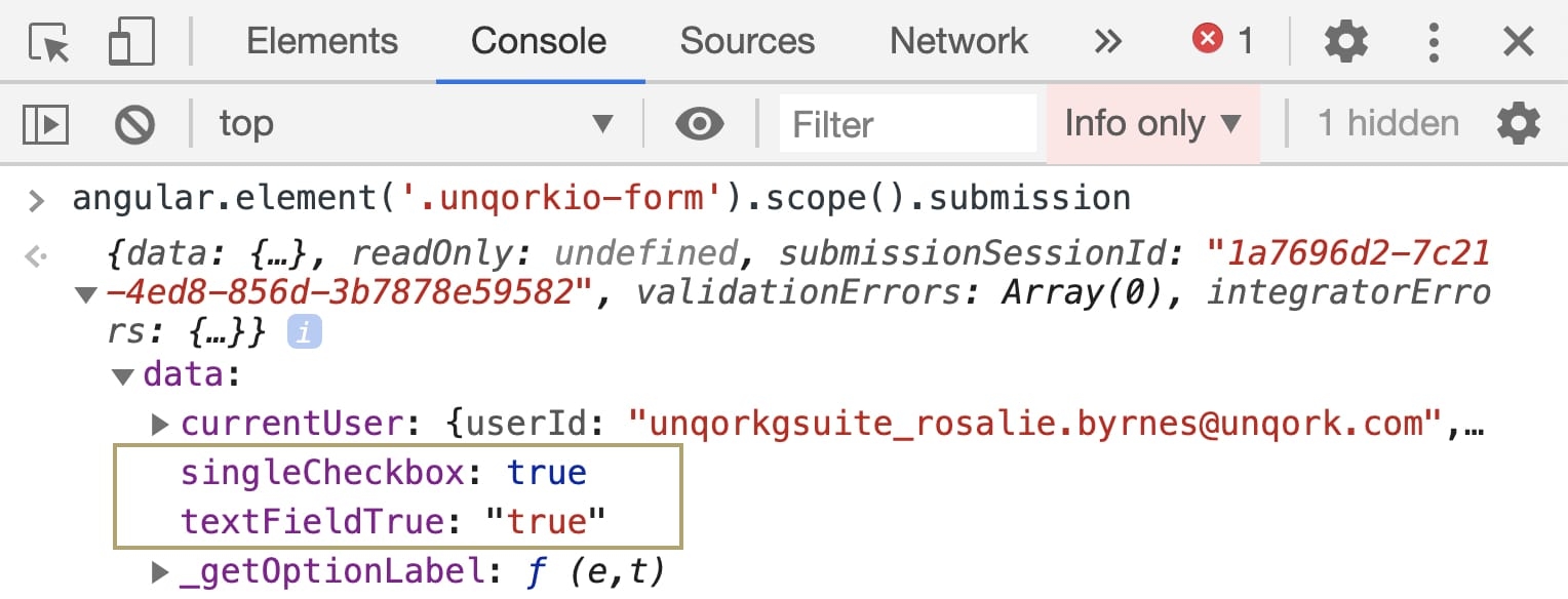 Image showing the difference between boolean and string data types in the DevTools Console.