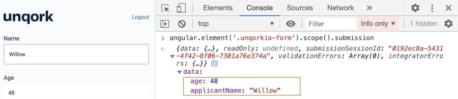 Image displaying string and number data types in key/value pairs in the DevTools Console. 