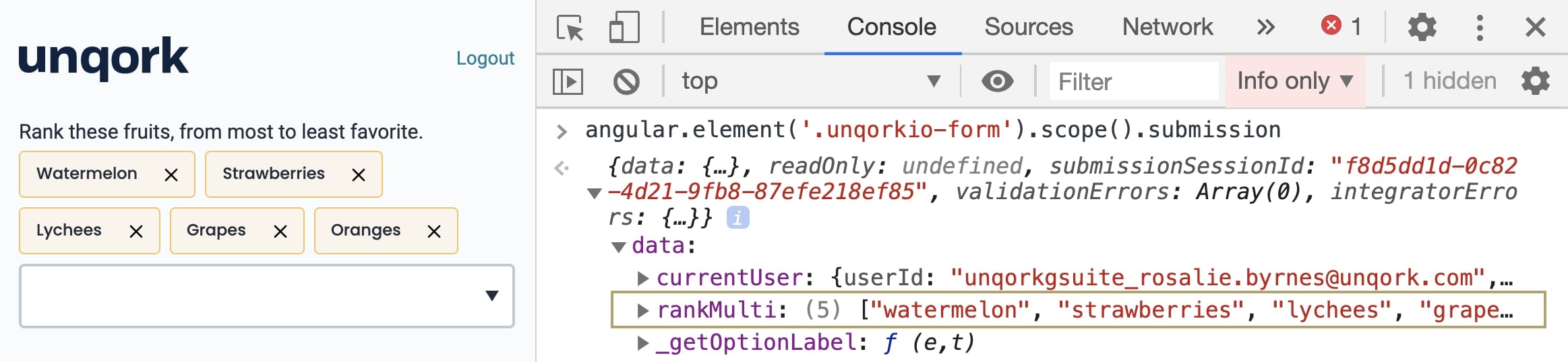 Image showing all selected items in the Multi-Select Dropdown component in an array data structure in the DevTools Console. 