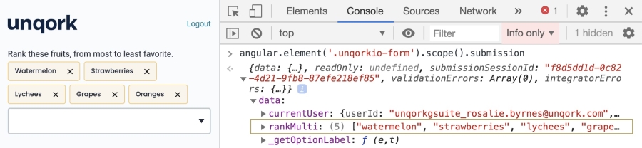 Image showing all selected items in the Multi-Select Dropdown component in an array data structure in the DevTools Console. 