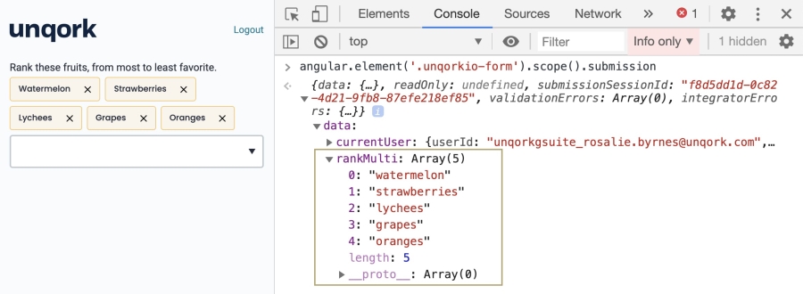 Image showing the expanded array data structure in the DevTools Console. The array includes each fruit selected and their positions in the array.