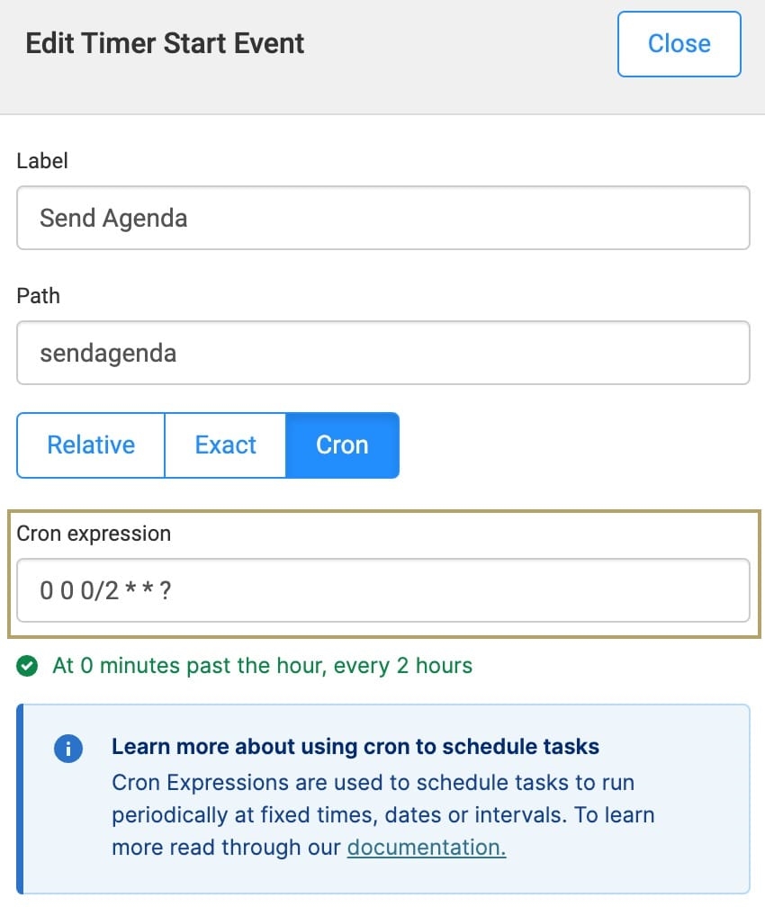A static image displaying the Timer Start's Edit Timer Start Event settings panel, the Cros Expression field is highlighted and an example value is shown.