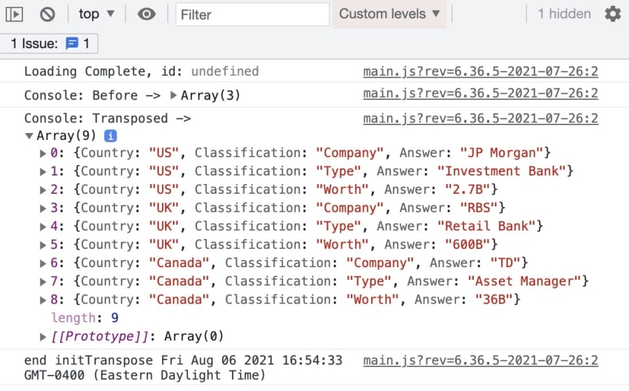 Static image displaying the Transpose operator use case data in the DevTools Console.