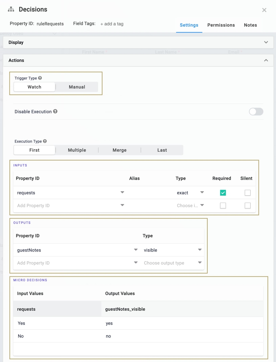 Static image displaying how the Freeform Grid component's Actions settings are configured.