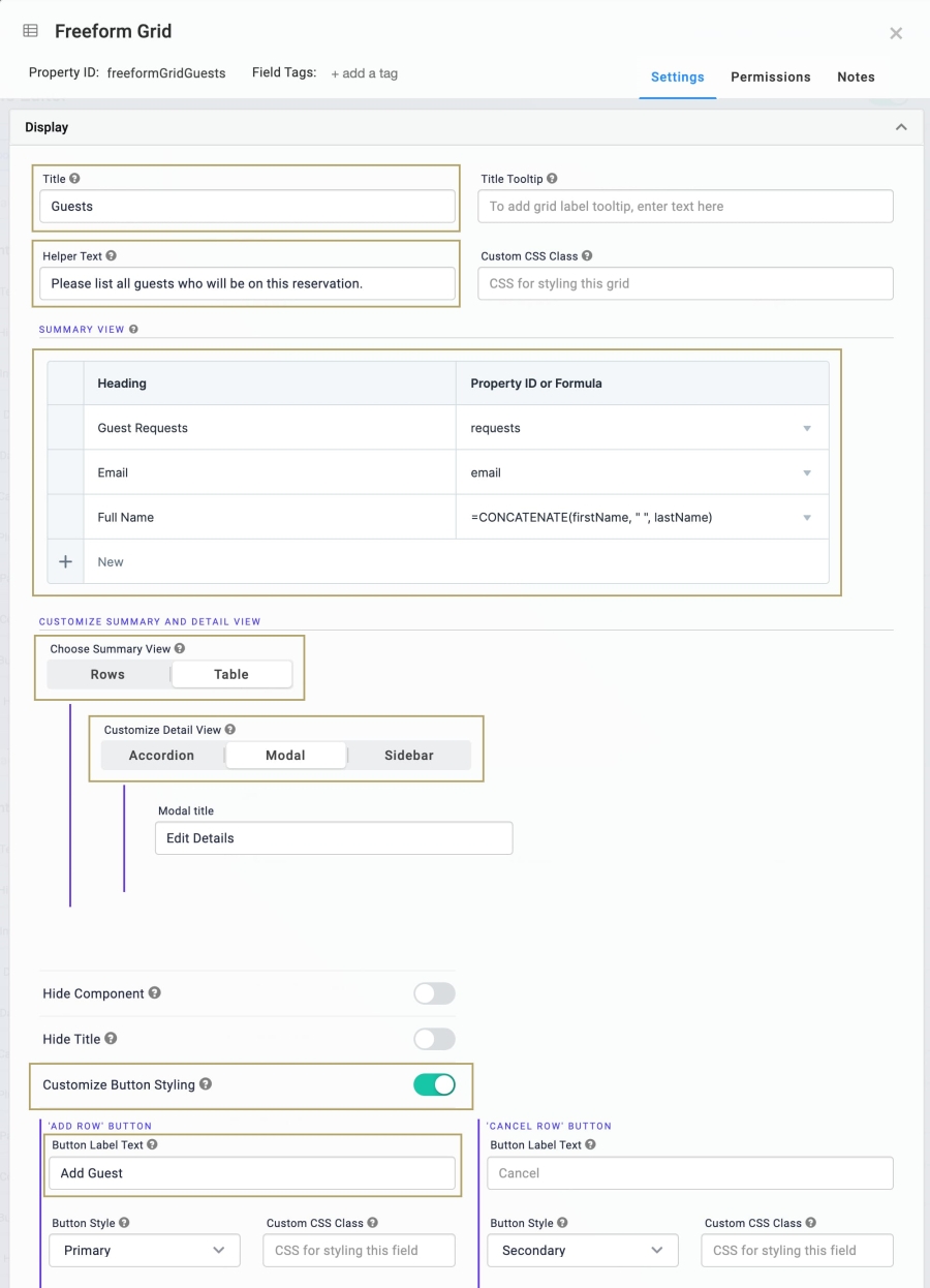 Static image displaying how the Freeform Grid component's Display settings are configured.