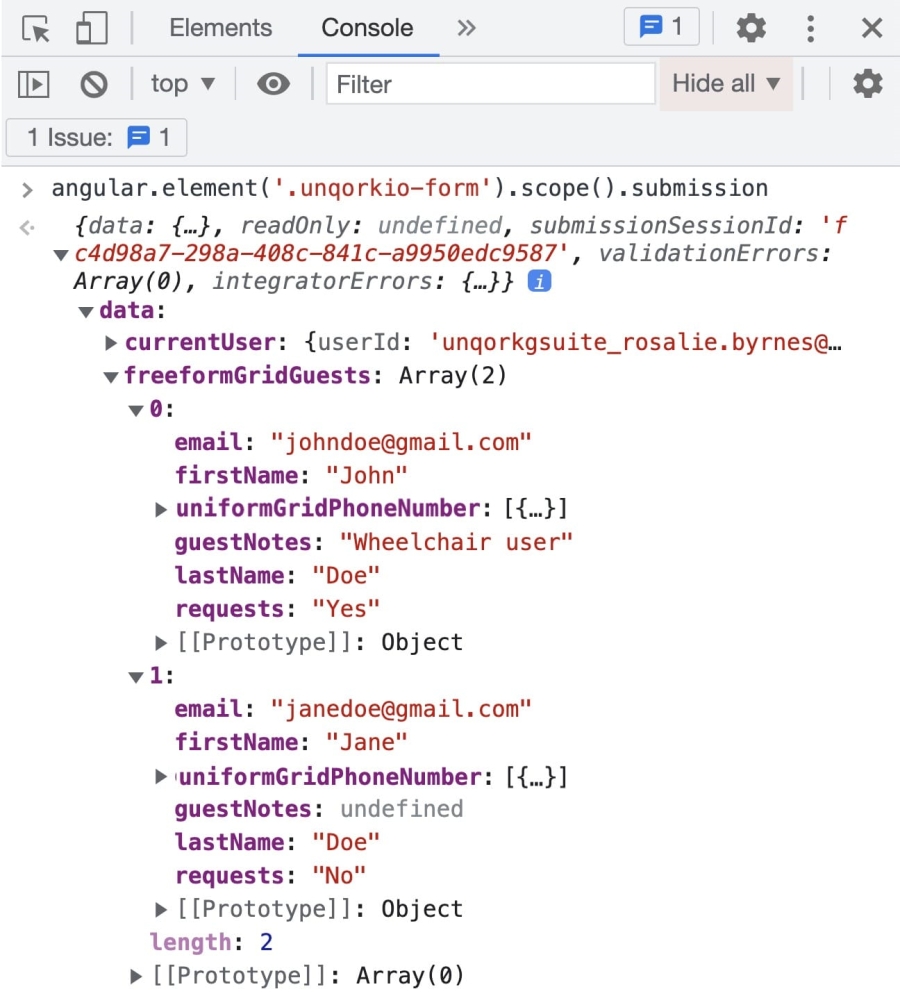 Static image displaying an example of how the Freeform Grid data shows in the DevTools Console.