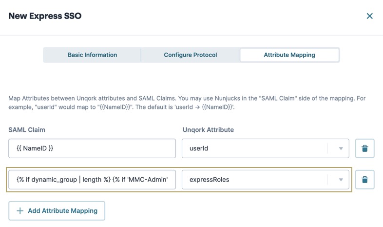 A static image displaying the New Express SSO modal. The expressRoles Unqork attribute field is highlighted with the associated SAML Claim