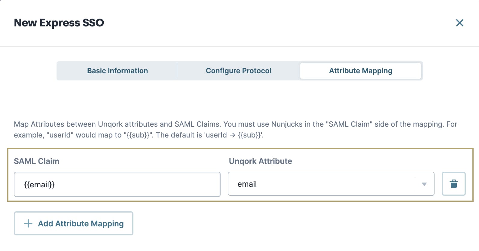 A static image displaying the New Express SSO modal. The tab is set to Attribute Mapping. The unqork attribute is set to email and the samel claim is set to email in brackets.