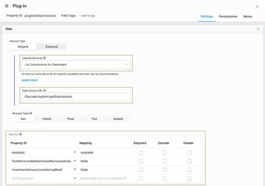 Static image of the plugGetSubmissions Plug-In component's configuration.