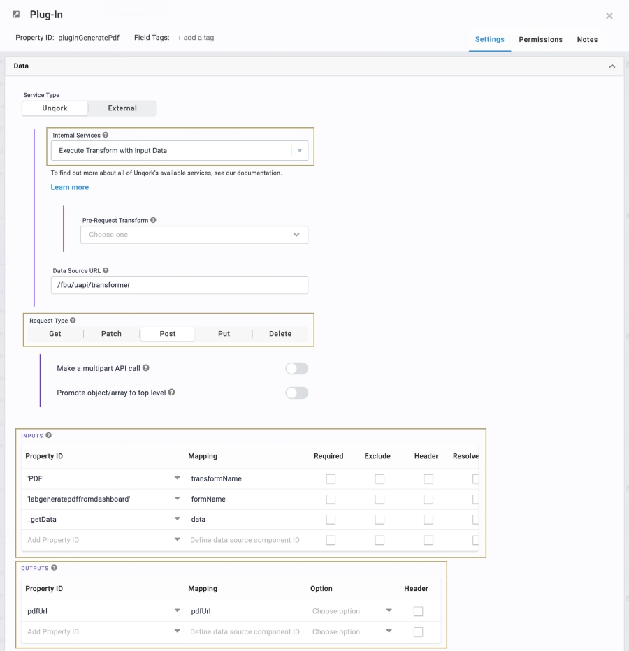 Static image displaying the pluginGeneratePdf Plug-In component's configuration.