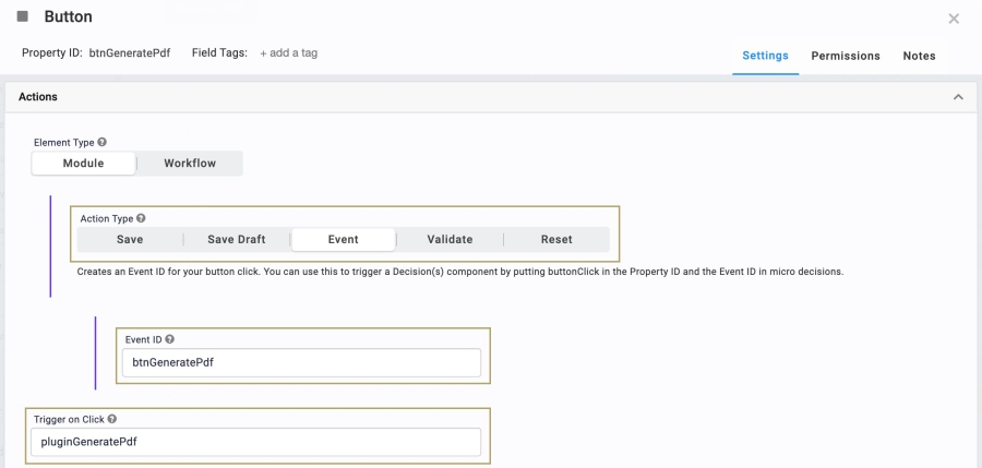 Static image displaying the btnGeneratePdf Button component's configuration.