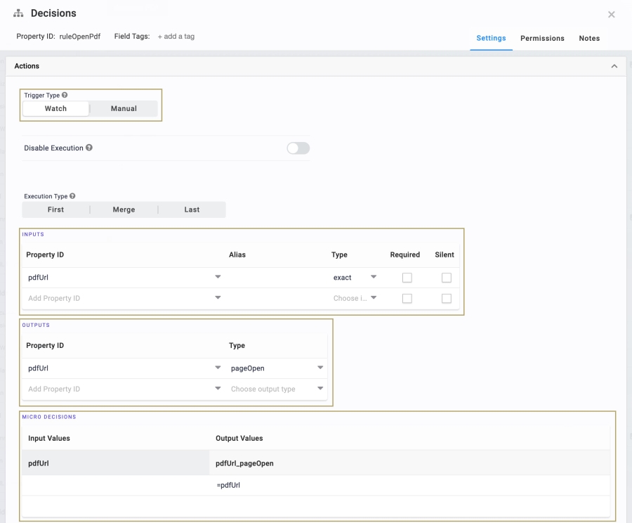 Static image displaying the ruleOpenPdf Decisions component's configuration.