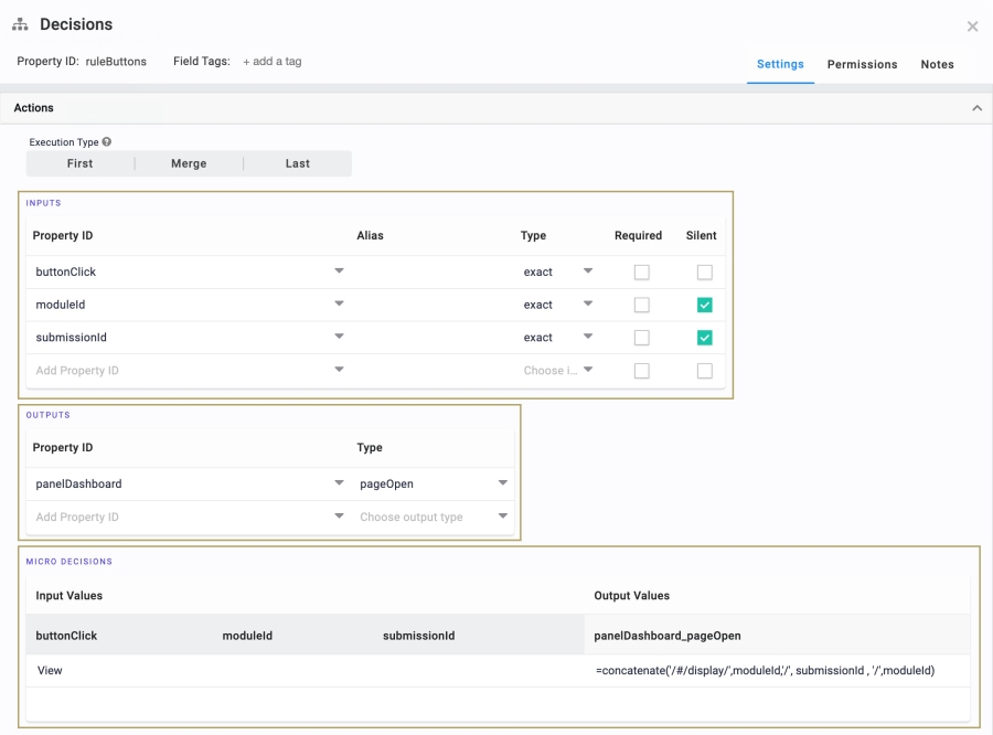 Static image of the ruleButtons Decisions component's configuration.