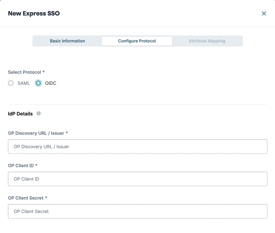 A static image displaying the New Express SSO Configure Protocol Tab.
