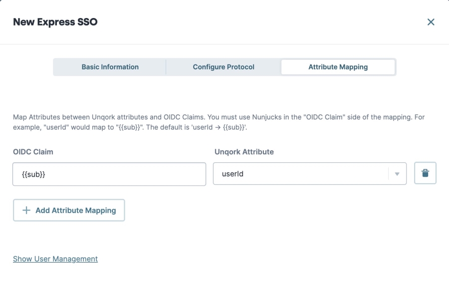 A static image displaying the New Express SSO Attribute Mapping tab.