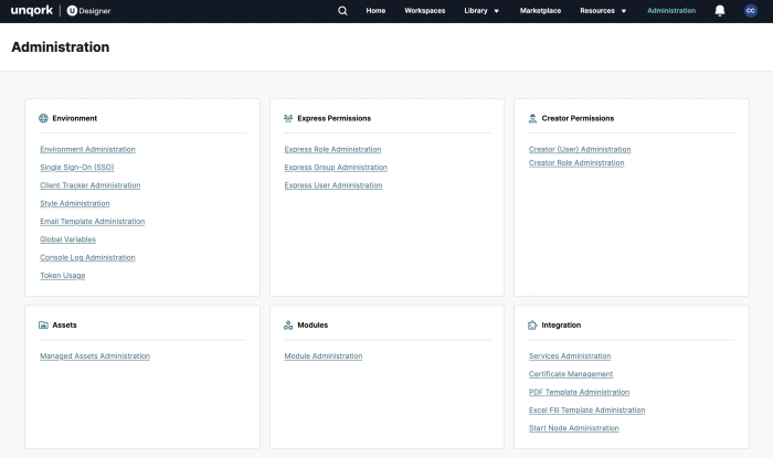 A static image displaying the new Administration homepage design.