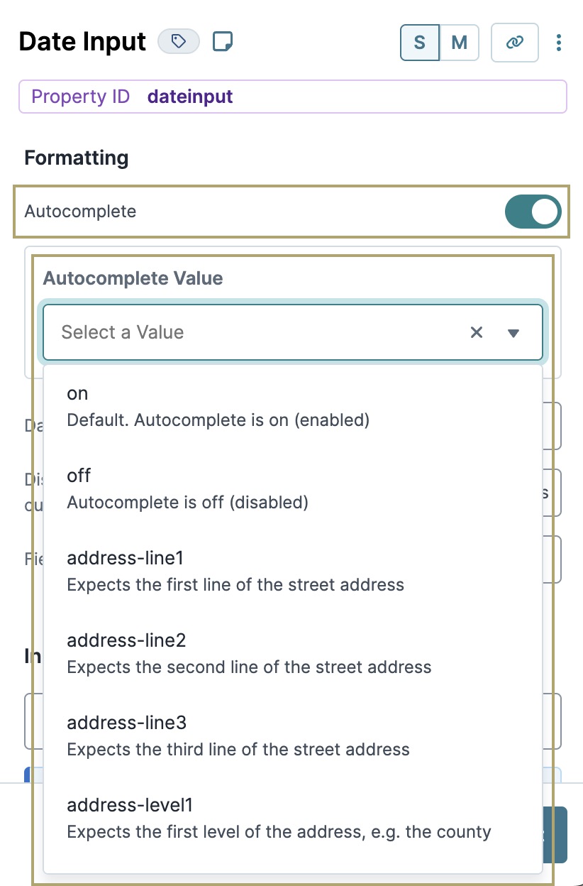 A static image displaying the Autocomplete setting and Autocomplete Value drop-down in a Date Input component.