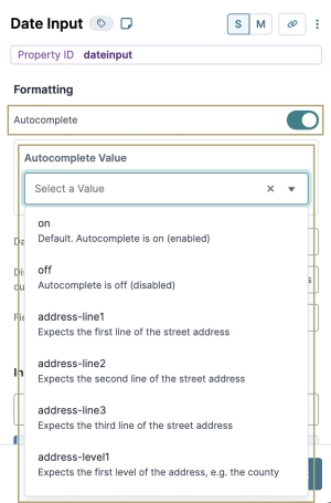 A static image displaying the Autocomplete setting and Autocomplete Value drop-down in a Date Input component.