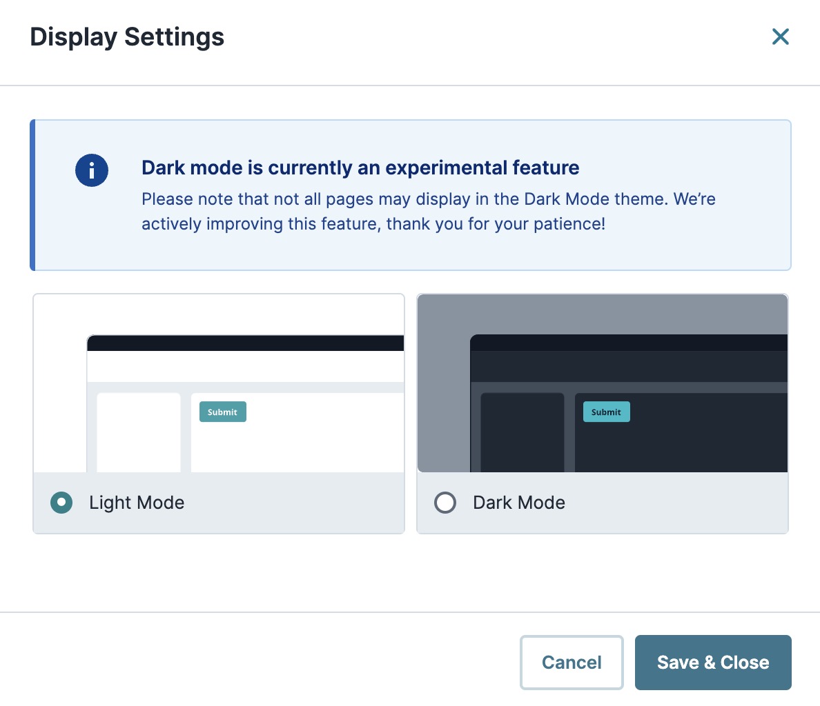 A static image displaying the settings modal to enable Light or Dark Mode.