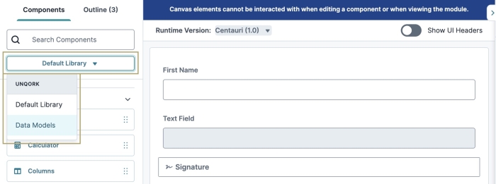 A static image displaying the Data Models option from the Default Library drop-down in the Components tray.