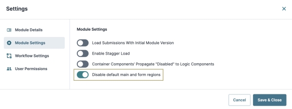 A static image displaying the new Disable Default Main and Form Regions setting in the Module Settings.