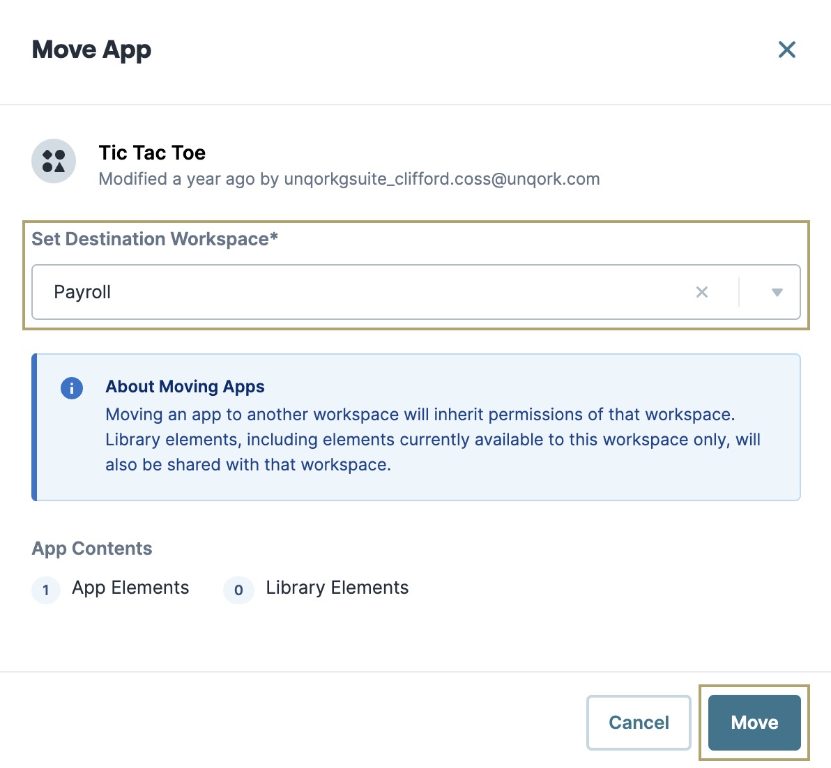 A static image displaying the Move App modal where you can choose your workspace to move the application to.