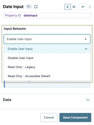 A static image displaying the Input Behavior drop-down in a Date Input component.